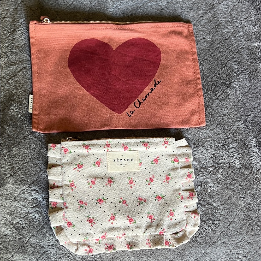 Sézane BUNDLE of 2 Brand New Poches - Le Chamade Heart and Ruffle Floral SO CUTE
